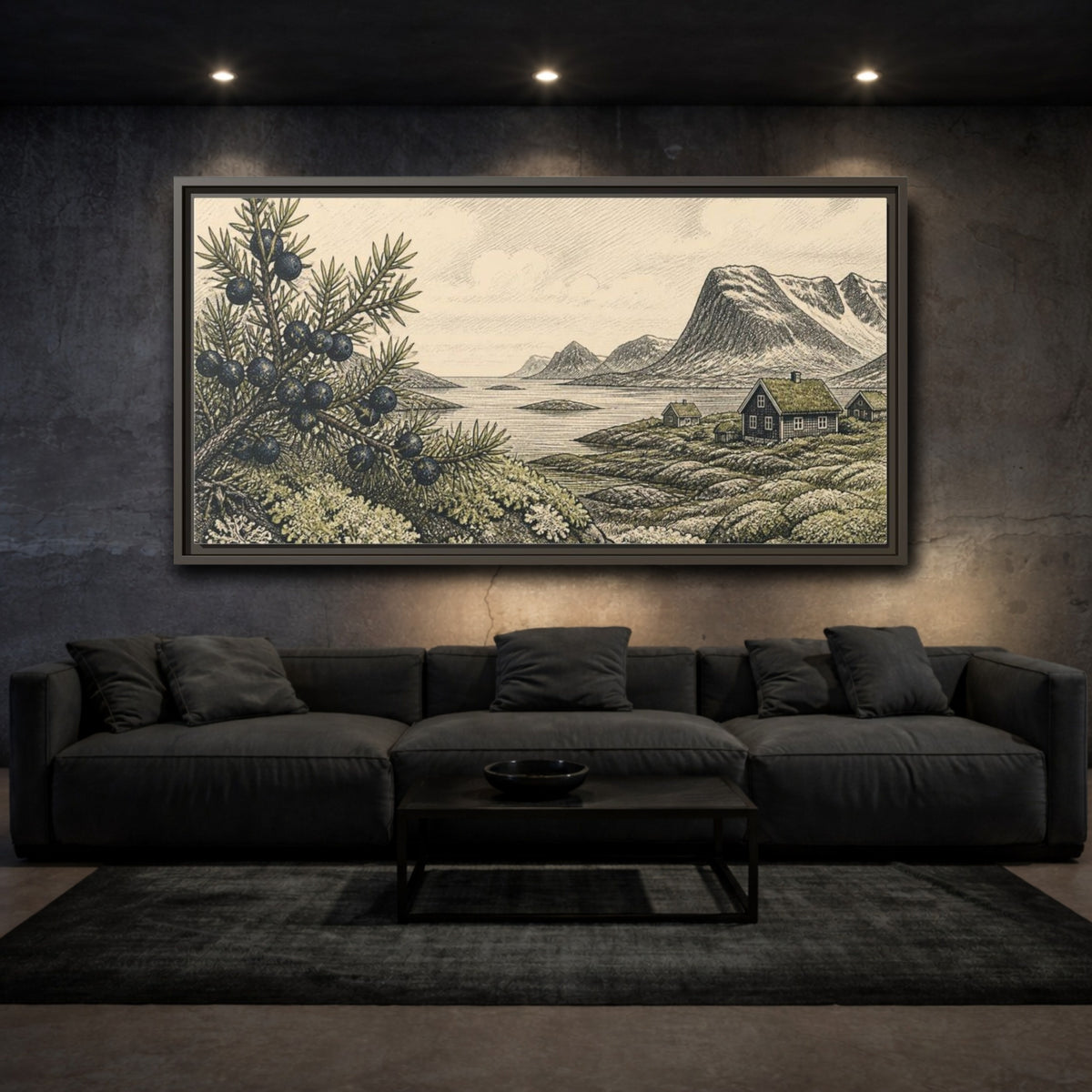 Mockup 3. Scandinavian Juniper Coast shown as framed canvas print