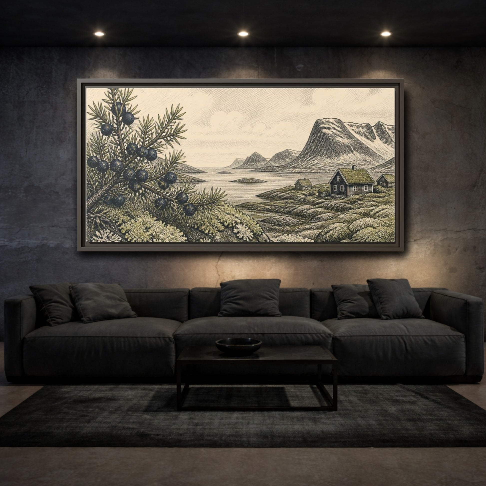 Mockup 3. Scandinavian Juniper Coast shown as framed canvas print