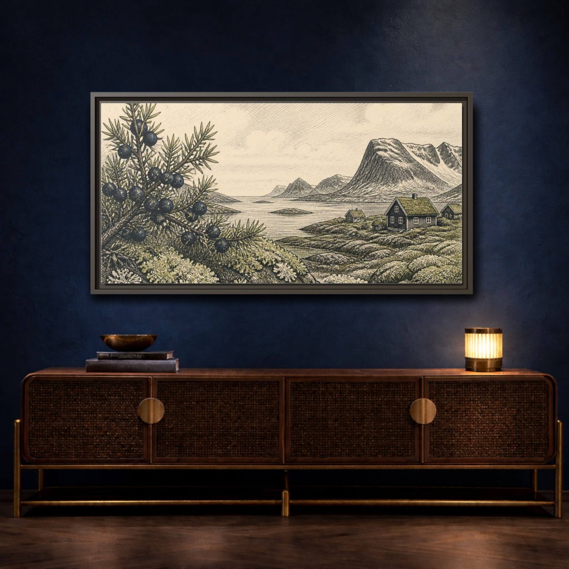Mockup 4. Scandinavian Juniper Coast shown as framed canvas print