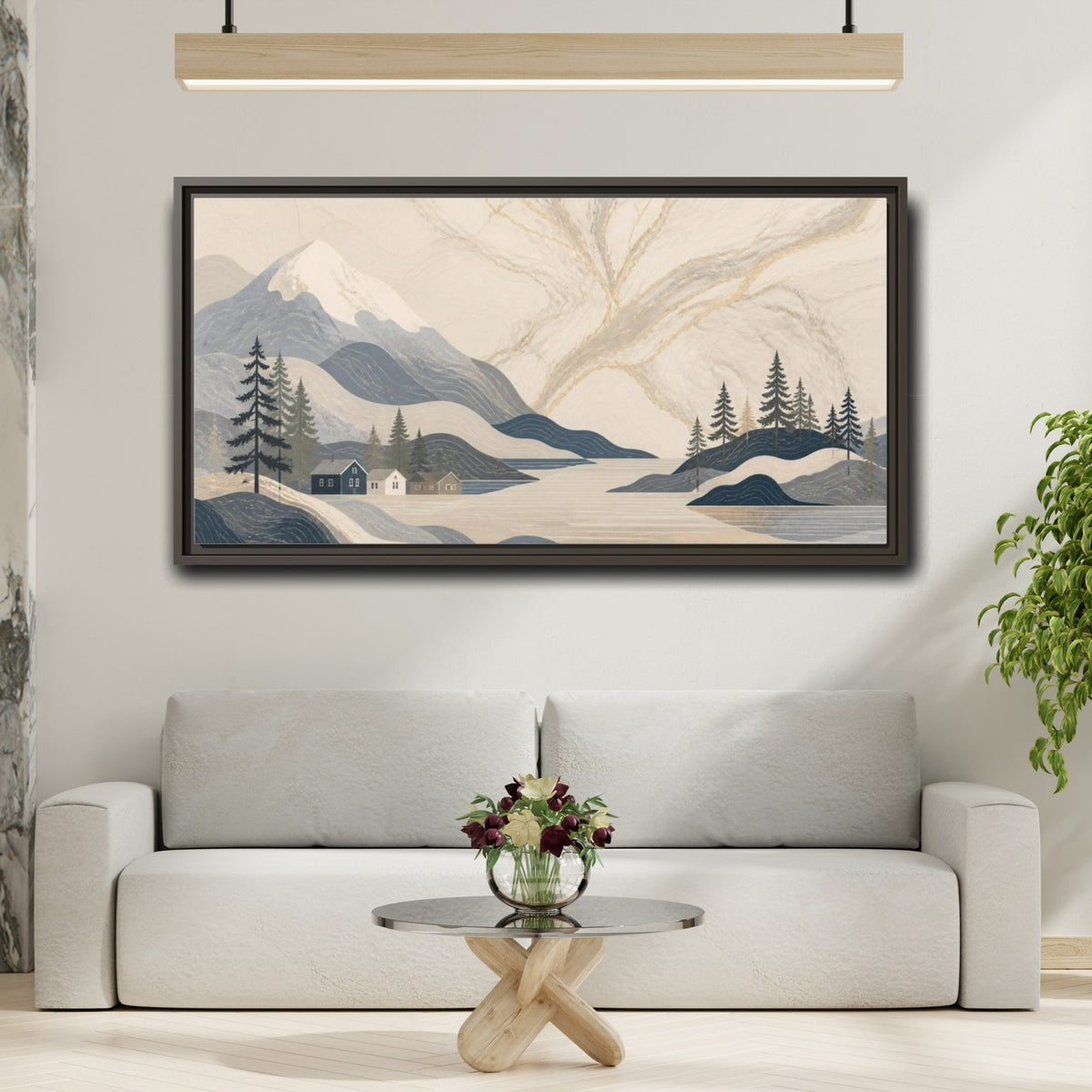 Mockup 2. Scandinavian Marble Mountains shown as framed canvas print