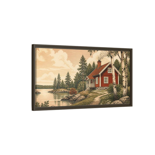 Main Mockup. Scandinavian Red Cottage shown as framed canvas print