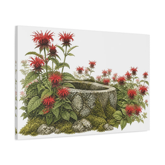 Main Mockup. Scarlet Bee Balm And Stone Trough shown as canvas print