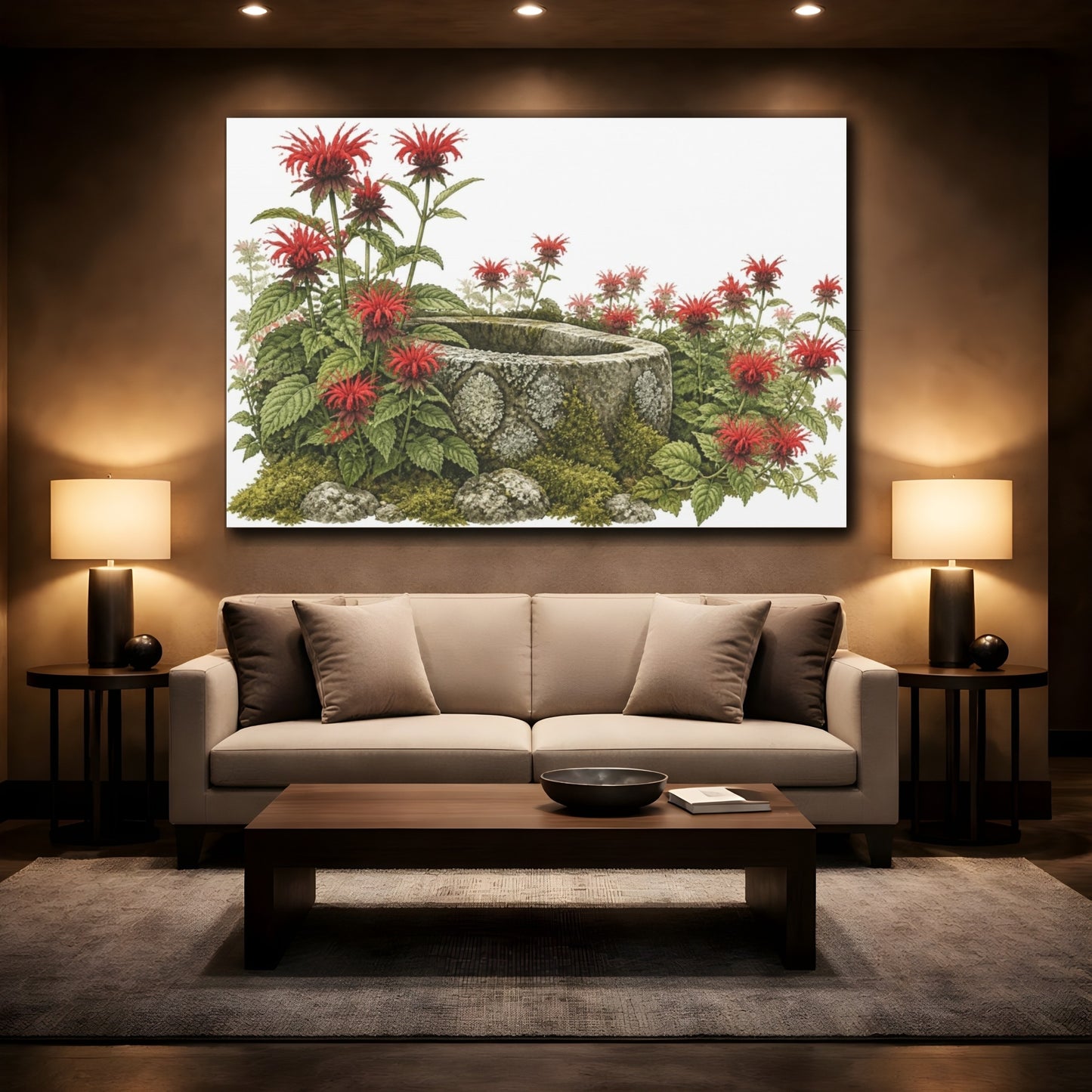 Mockup 2. Scarlet Bee Balm And Stone Trough shown as canvas print
