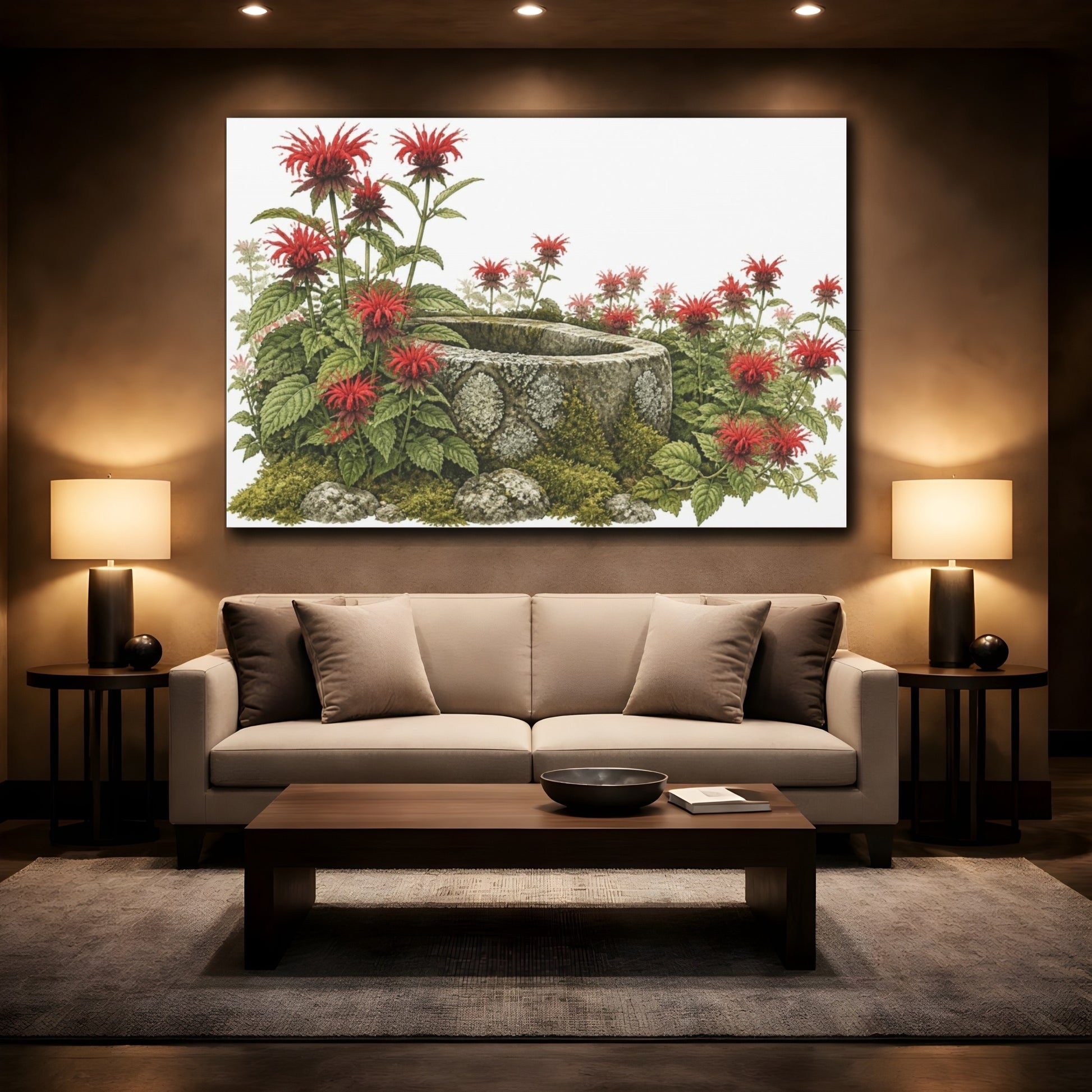 Mockup 2. Scarlet Bee Balm And Stone Trough shown as canvas print