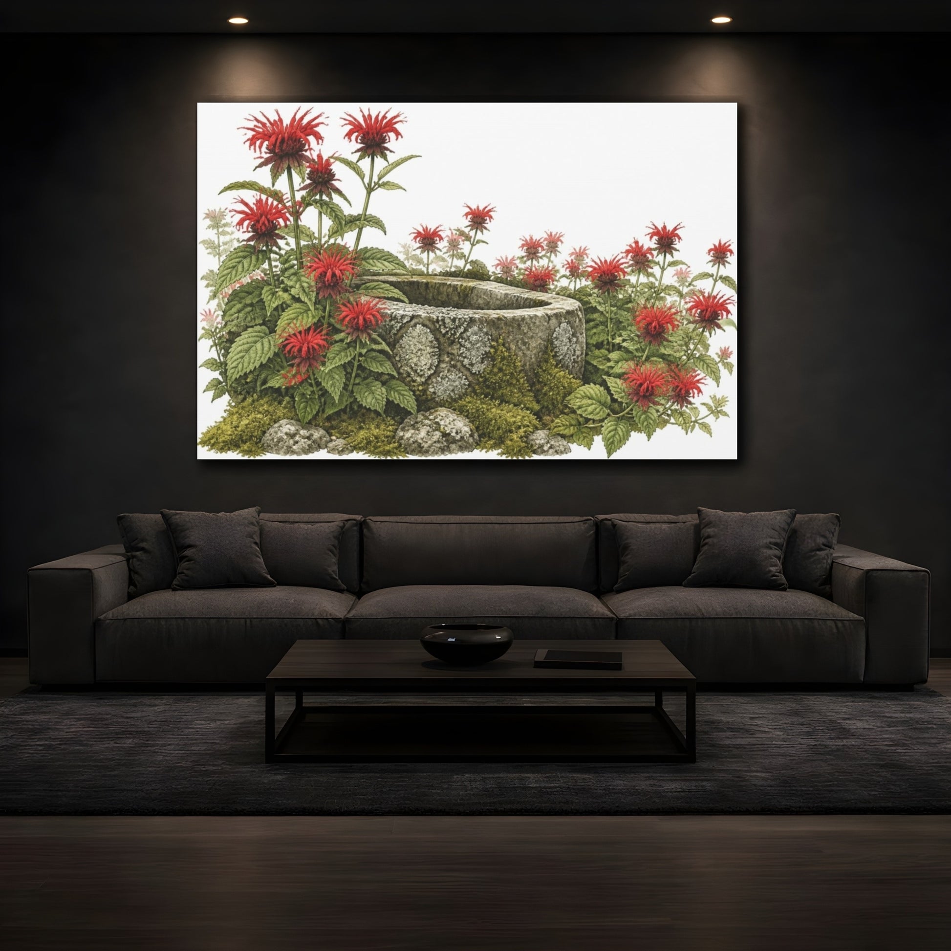 Mockup 3. Scarlet Bee Balm And Stone Trough shown as canvas print