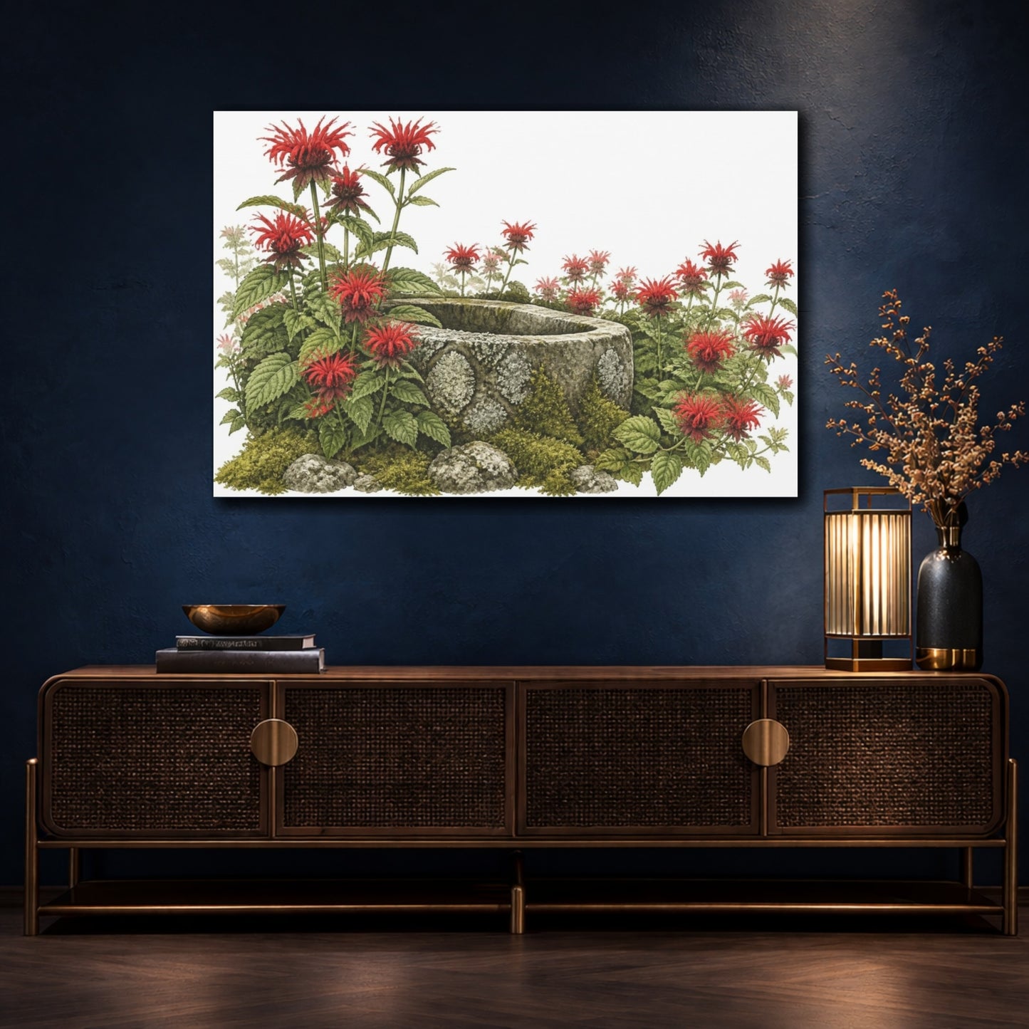 Mockup 4. Scarlet Bee Balm And Stone Trough shown as canvas print
