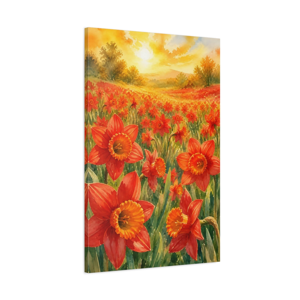 Main Mockup. Scarlet Daffodil Flowers shown as canvas print