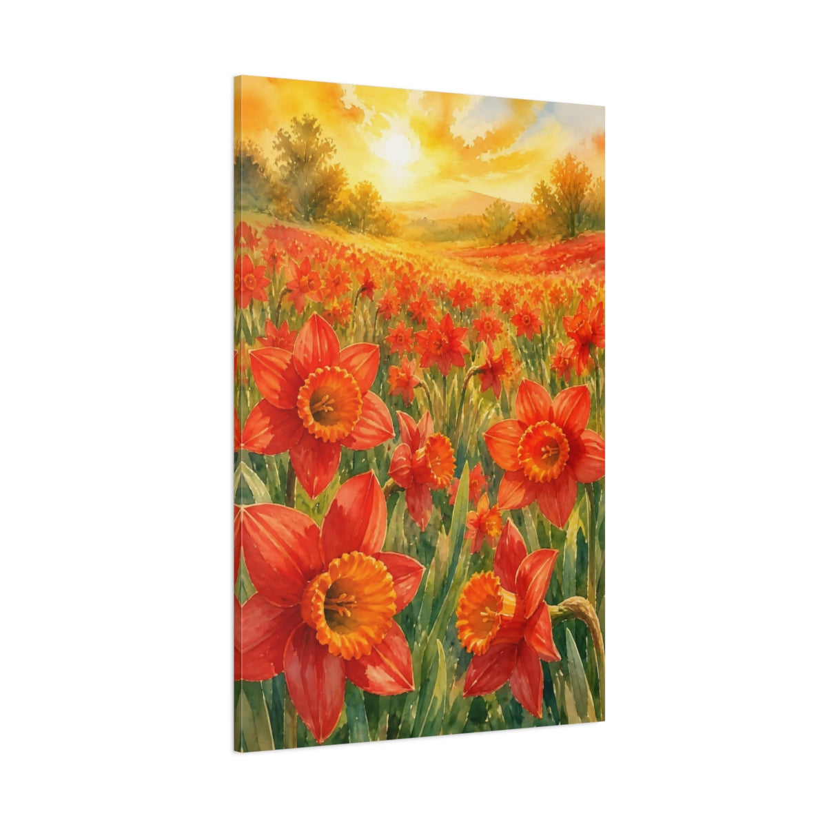 Side Mockup 1. Scarlet Daffodil Flowers shown as canvas print