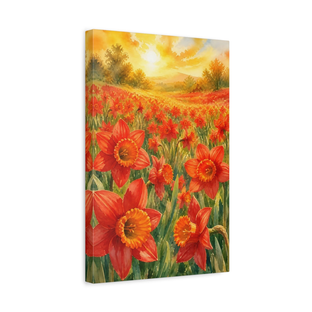 Side Mockup 4. Scarlet Daffodil Flowers shown as canvas print