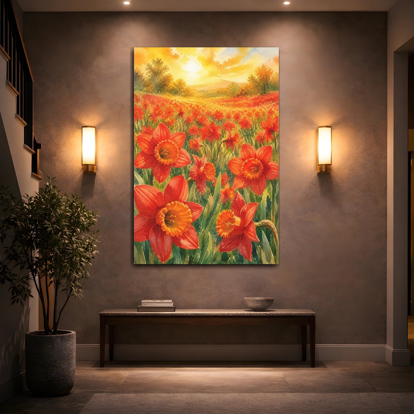Mockup 2. Scarlet Daffodil Flowers shown as canvas print
