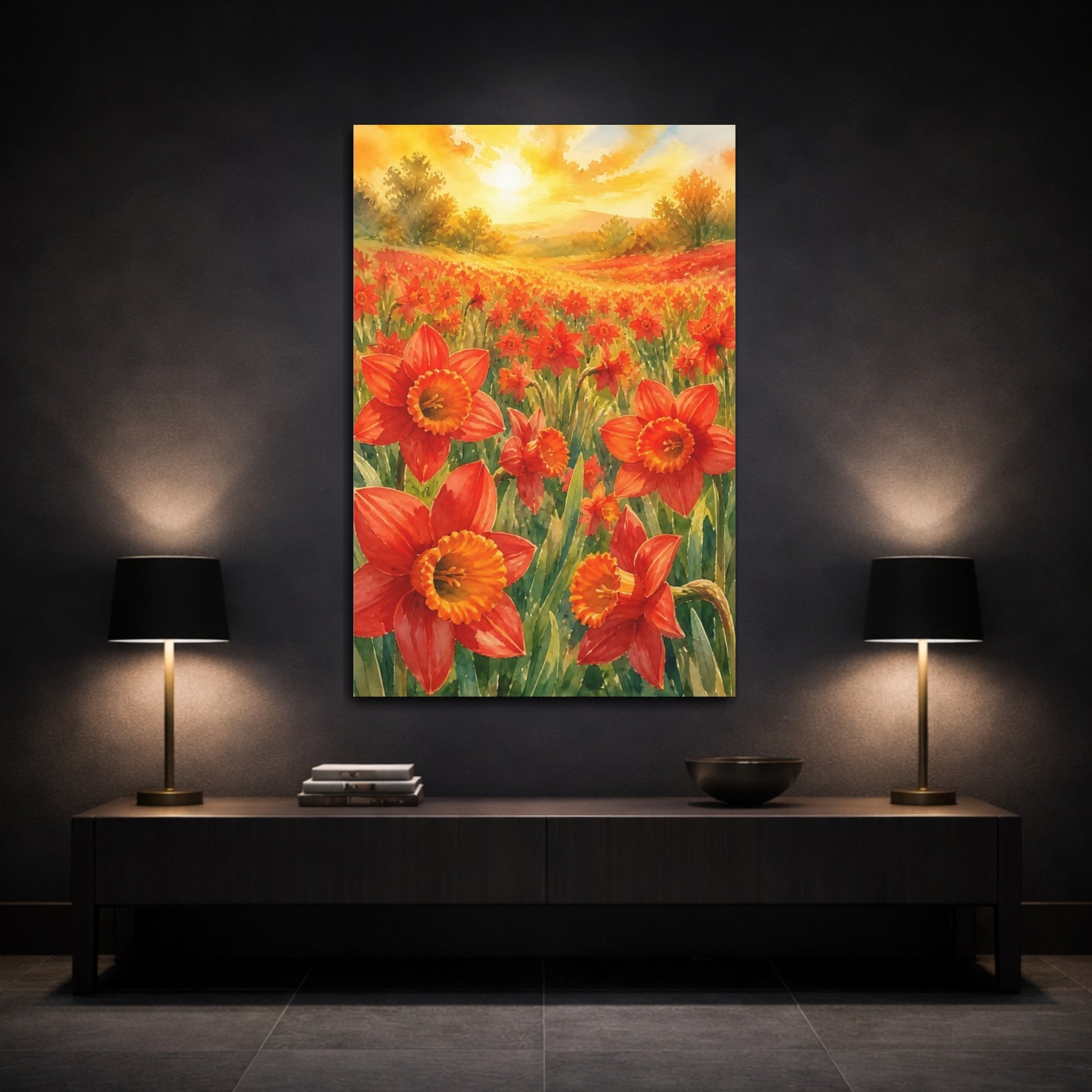 Mockup 3. Scarlet Daffodil Flowers shown as canvas print