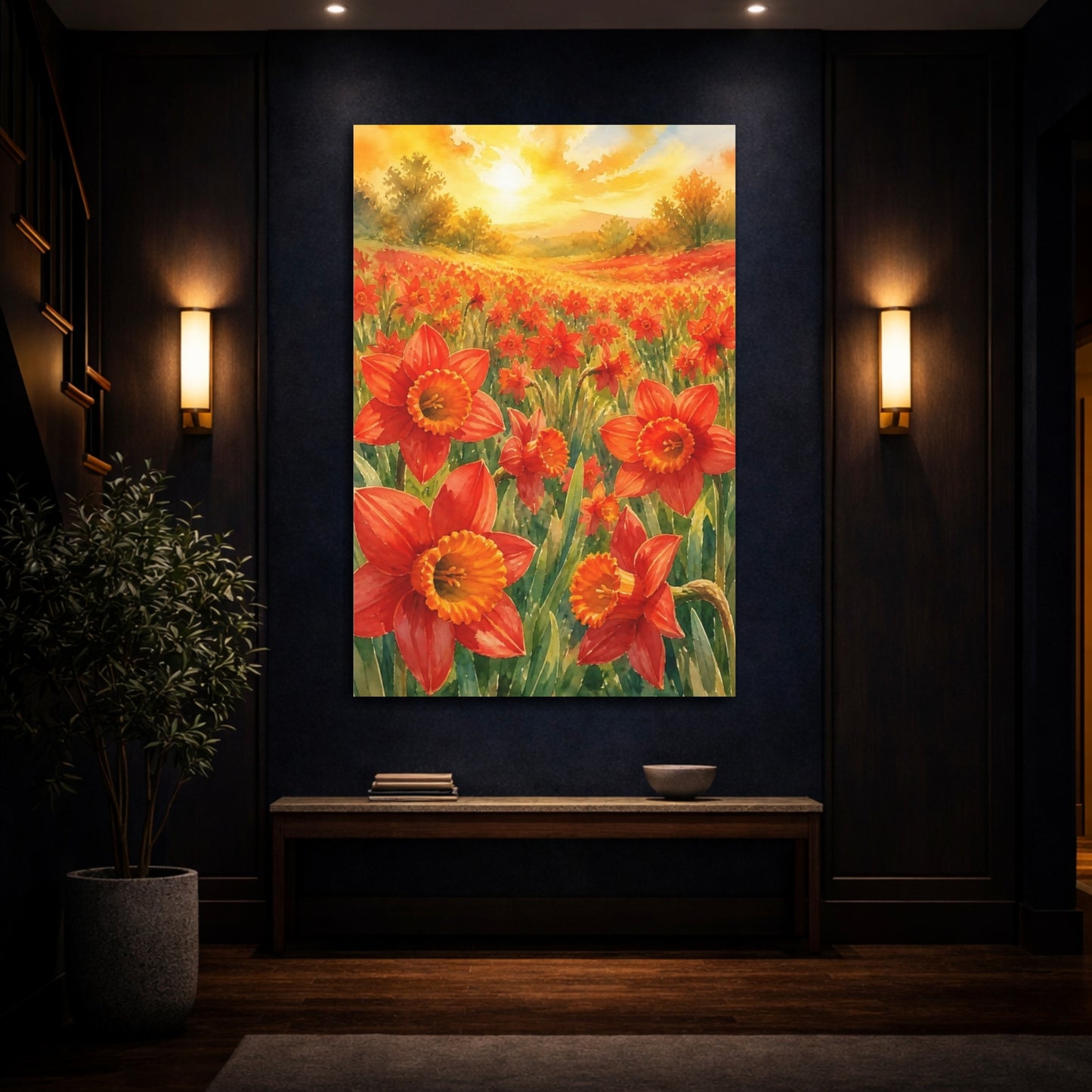 Mockup 4. Scarlet Daffodil Flowers shown as canvas print