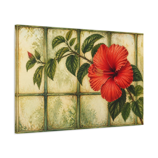 Main Mockup. Scarlet Hibiscus On Glass shown as canvas print