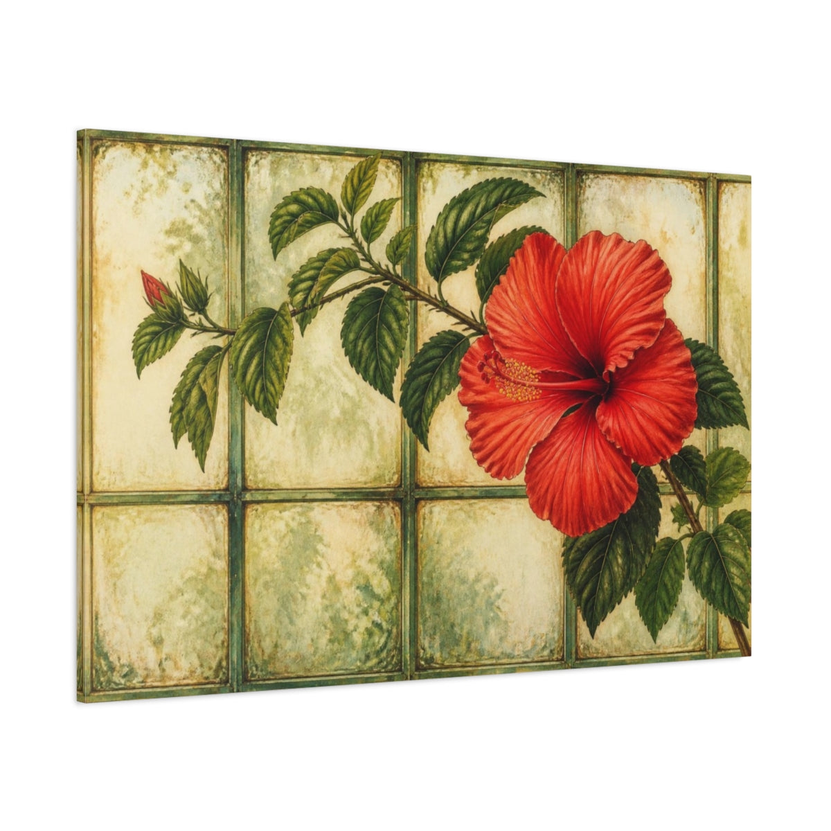 Side Mockup 1. Scarlet Hibiscus On Glass shown as canvas print