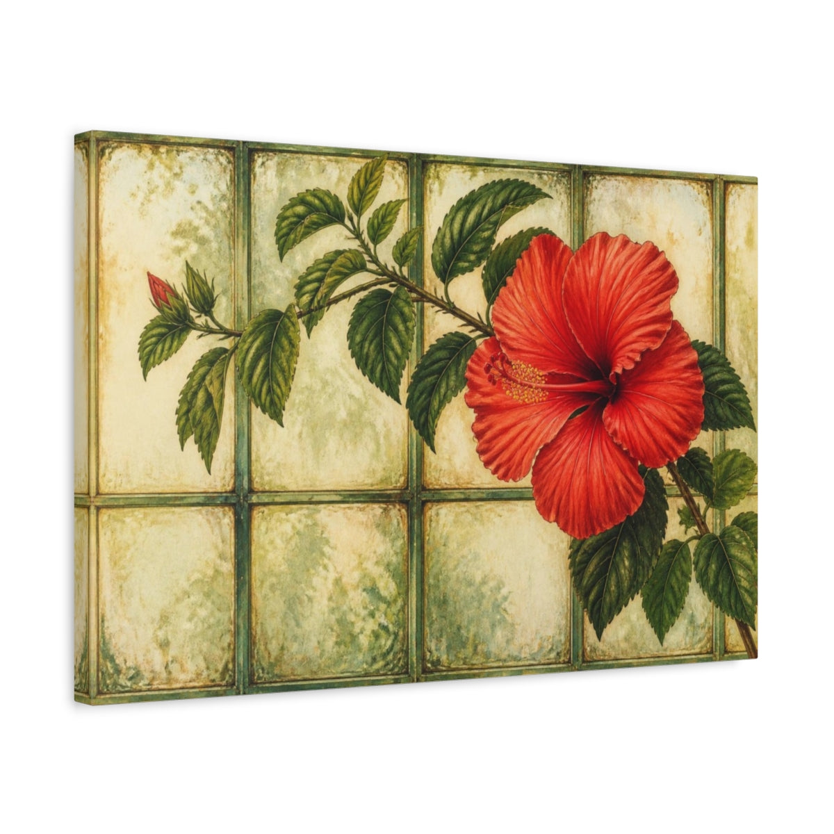 Side Mockup 3. Scarlet Hibiscus On Glass shown as canvas print