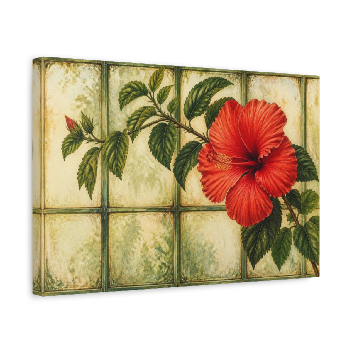 Side Mockup 4. Scarlet Hibiscus On Glass shown as canvas print
