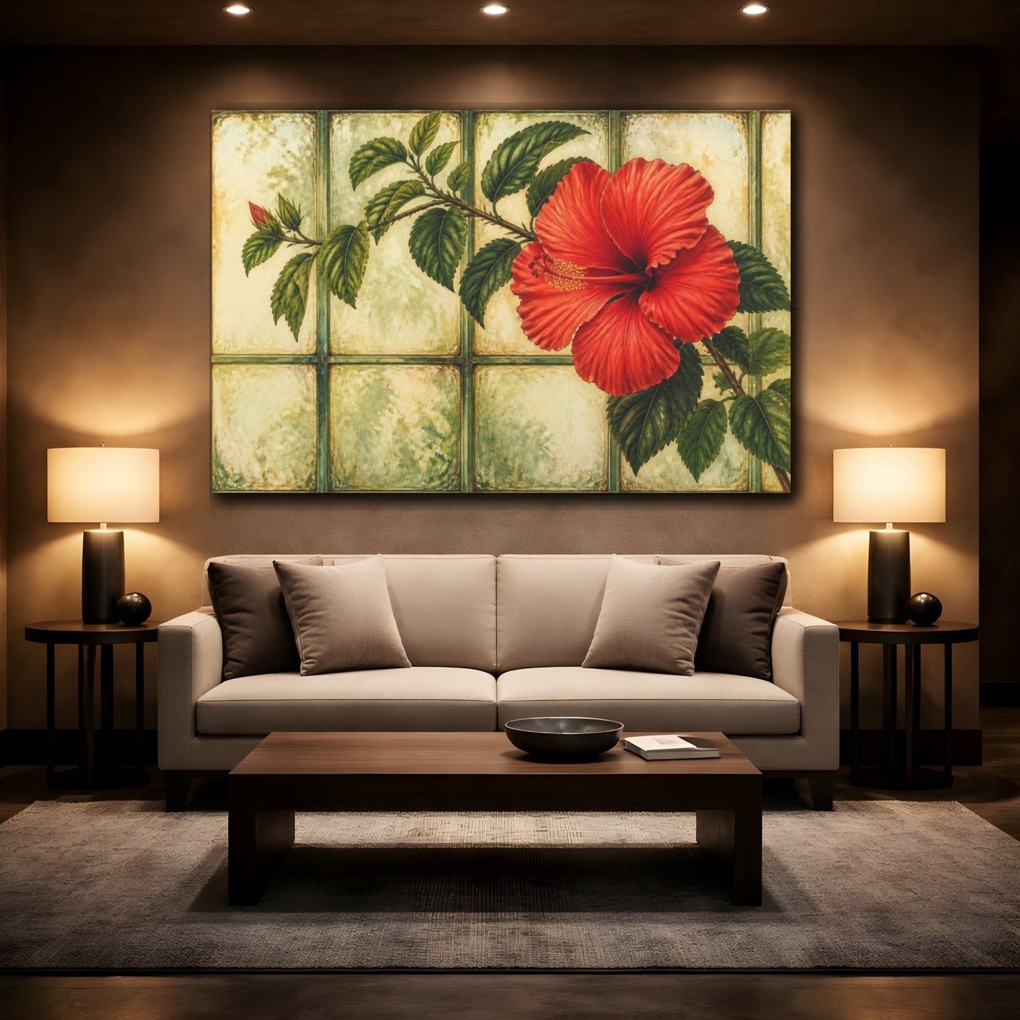 Mockup 2. Scarlet Hibiscus On Glass shown as canvas print