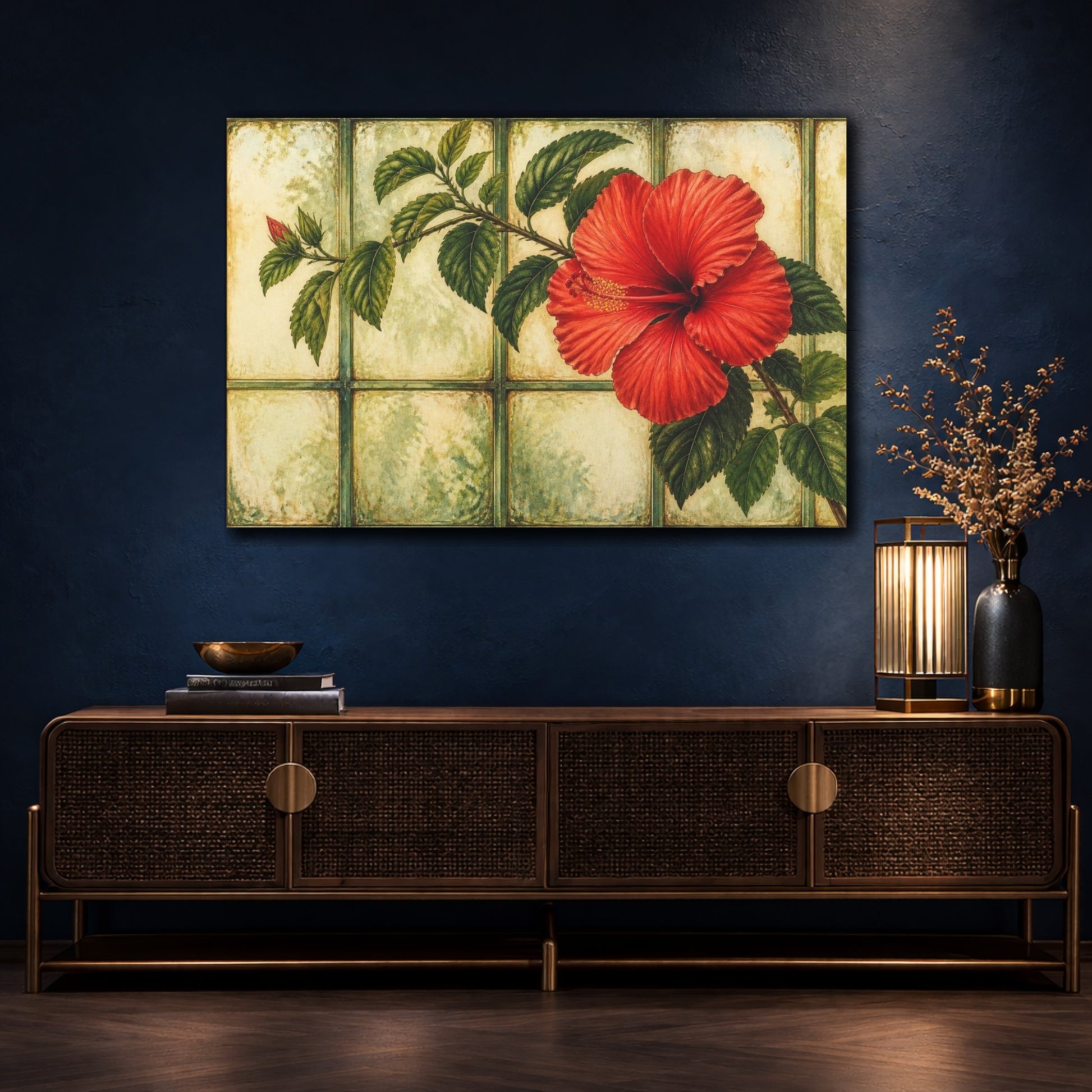 Mockup 4. Scarlet Hibiscus On Glass shown as canvas print