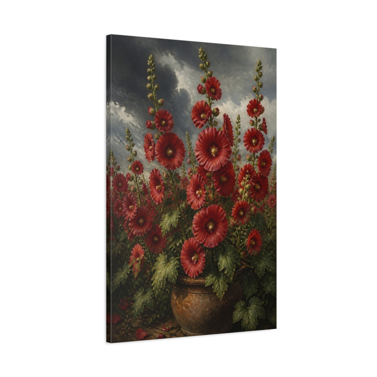 Main Mockup. Scarlet Hollyhock Flowers shown as canvas print