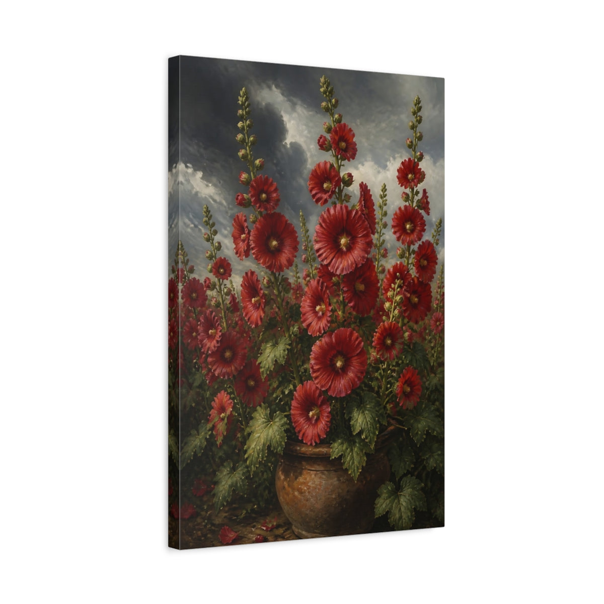 Side Mockup 3. Scarlet Hollyhock Flowers shown as canvas print