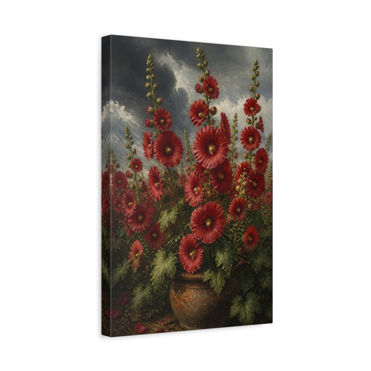 Side Mockup 4. Scarlet Hollyhock Flowers shown as canvas print