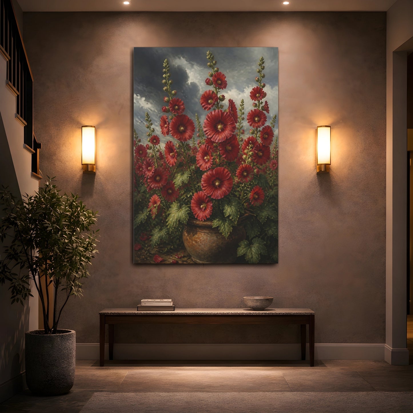 Mockup 2. Scarlet Hollyhock Flowers shown as canvas print