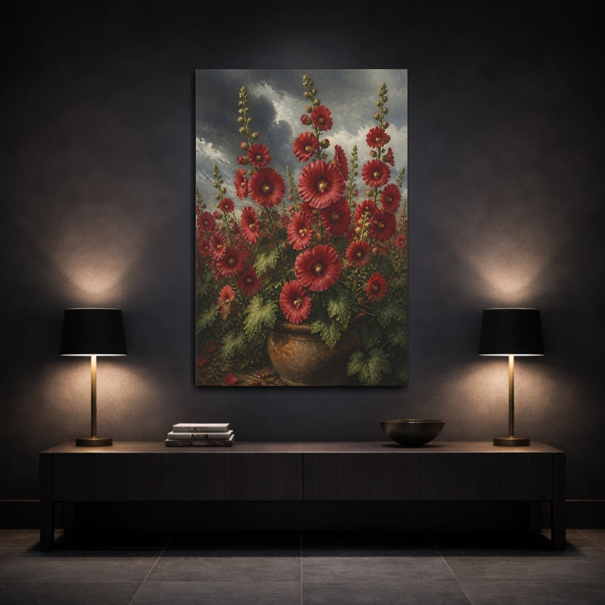 Mockup 3. Scarlet Hollyhock Flowers shown as canvas print