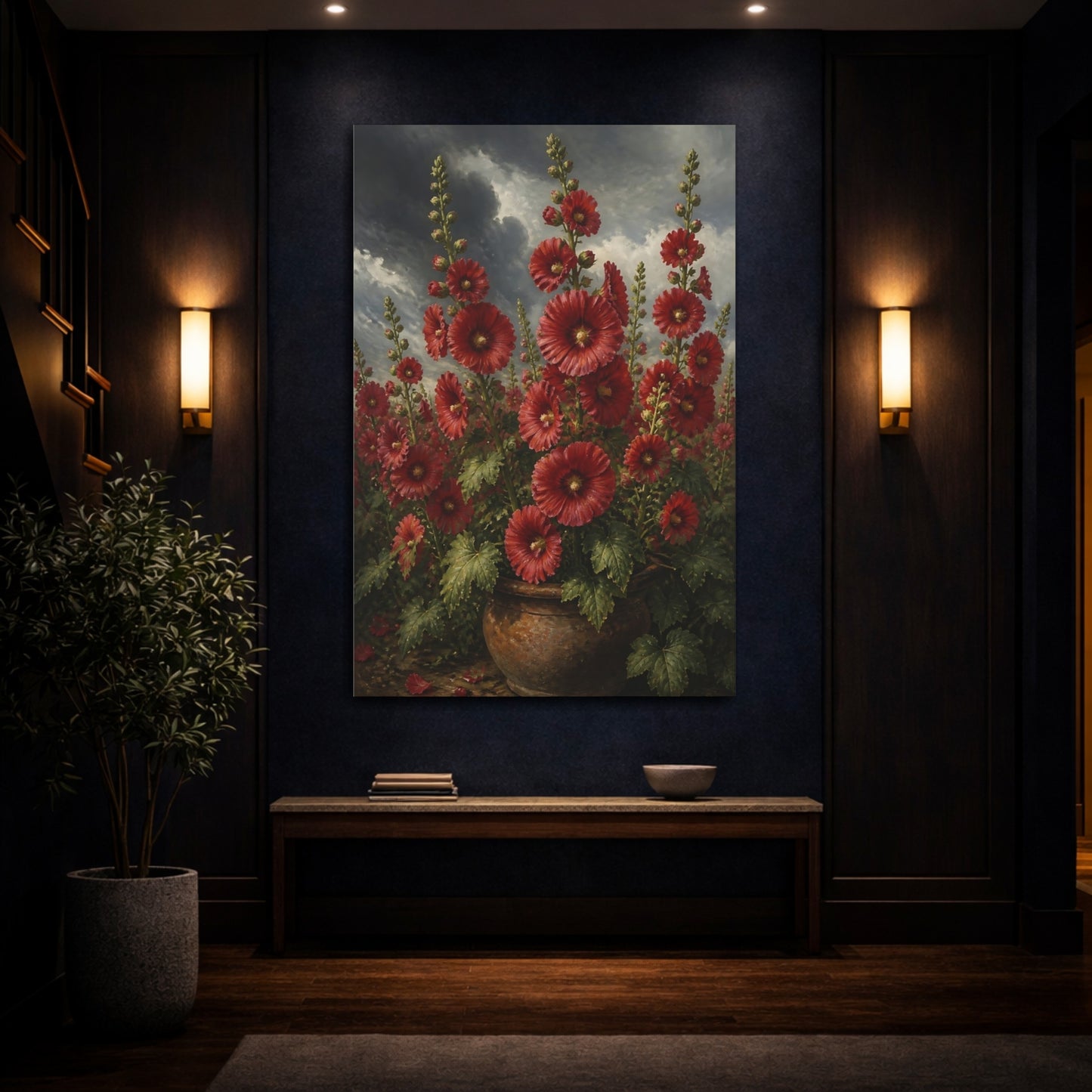 Mockup 4. Scarlet Hollyhock Flowers shown as canvas print