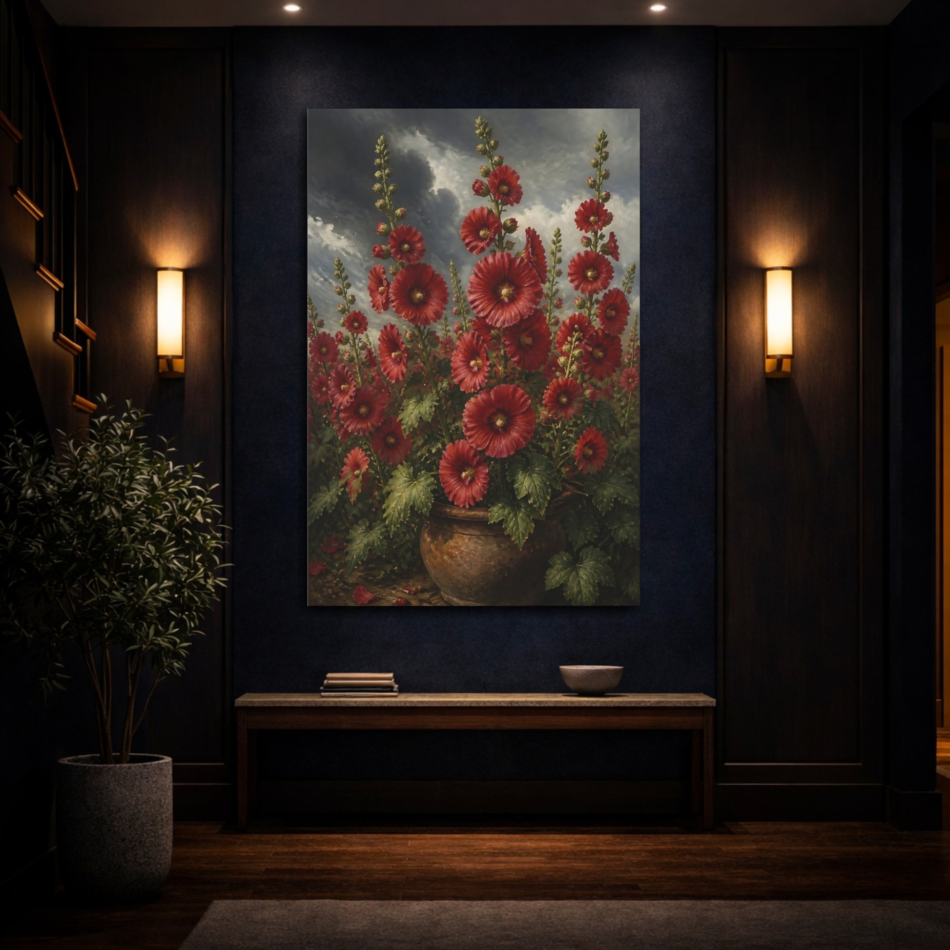 Mockup 4. Scarlet Hollyhock Flowers shown as canvas print