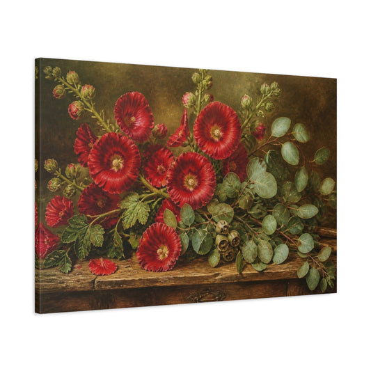 Main Mockup. Scarlet Hollyhocks & Eucalyptus shown as canvas print