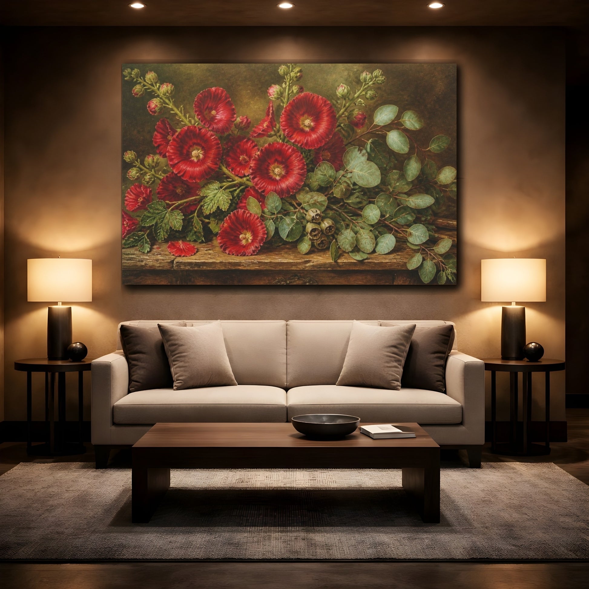 Mockup 2. Scarlet Hollyhocks & Eucalyptus shown as canvas print