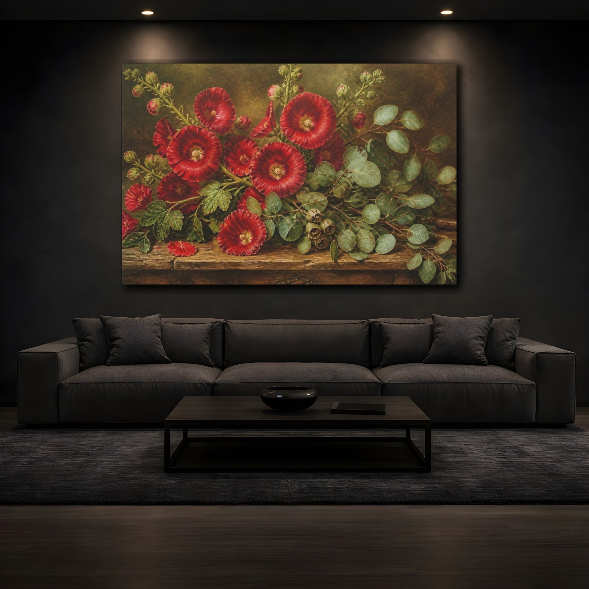Mockup 3. Scarlet Hollyhocks & Eucalyptus shown as canvas print