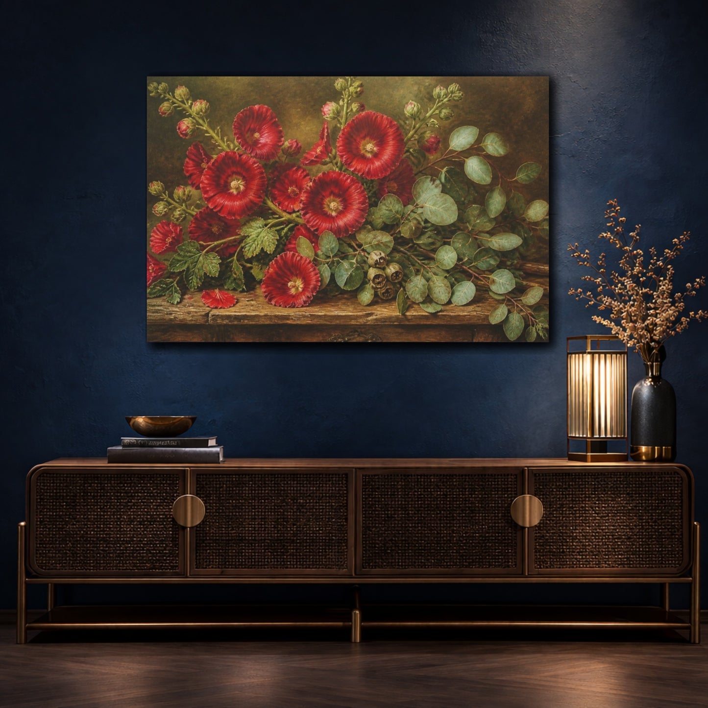 Mockup 4. Scarlet Hollyhocks & Eucalyptus shown as canvas print