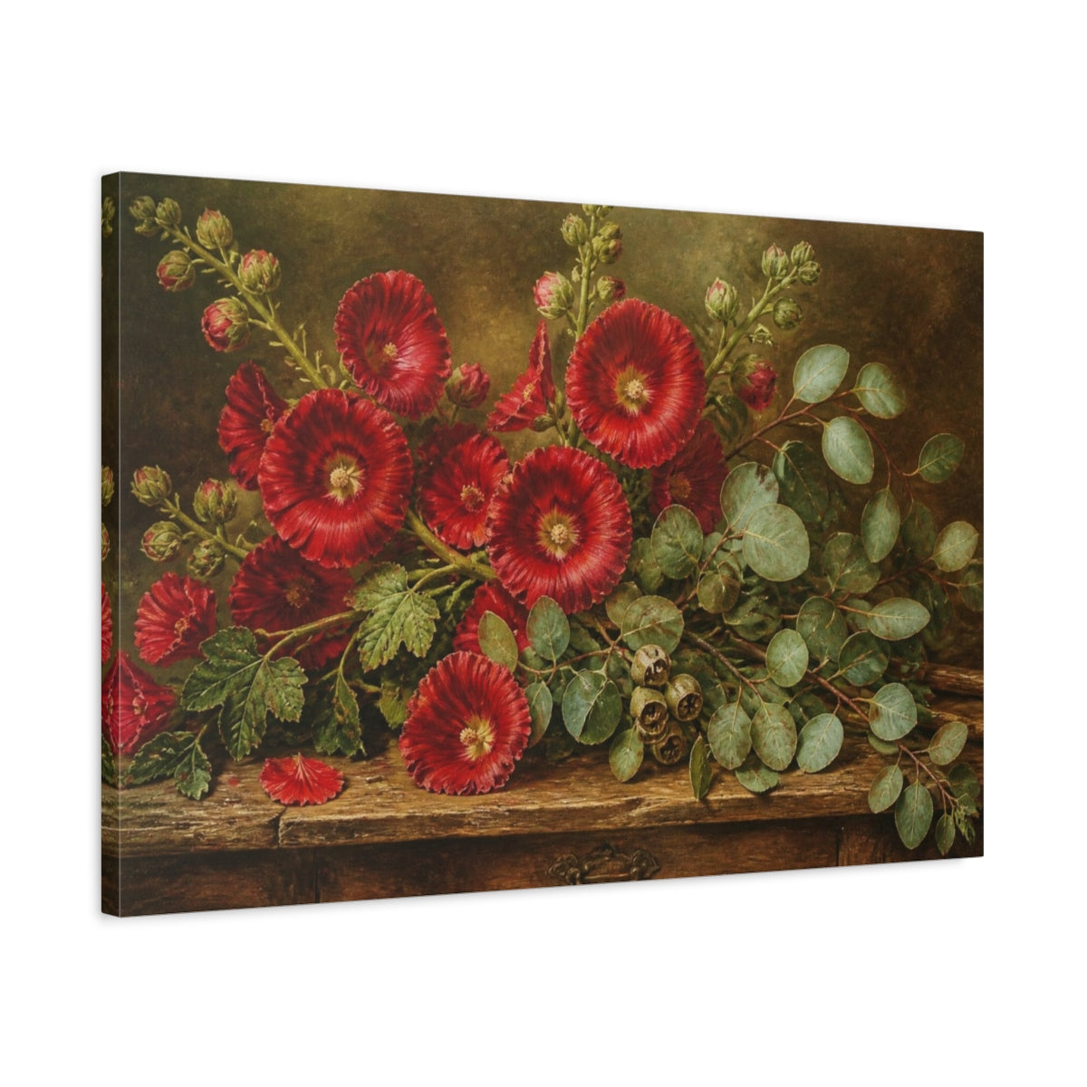 Side Mockup 2. Scarlet Hollyhocks & Eucalyptus shown as canvas print