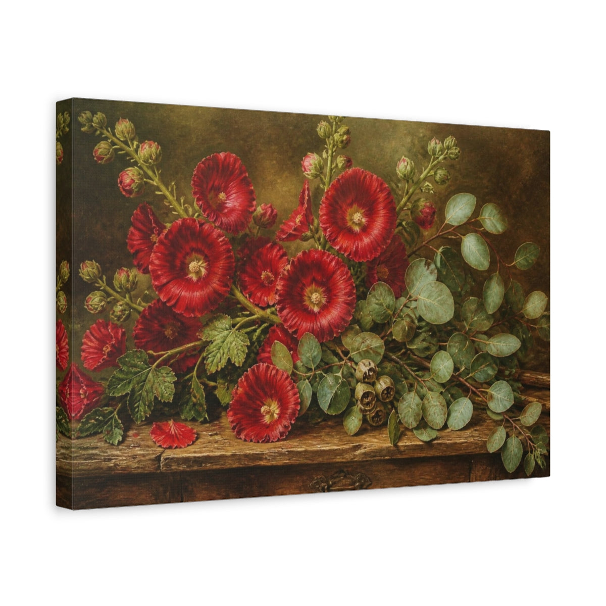 Side Mockup 4. Scarlet Hollyhocks & Eucalyptus shown as canvas print
