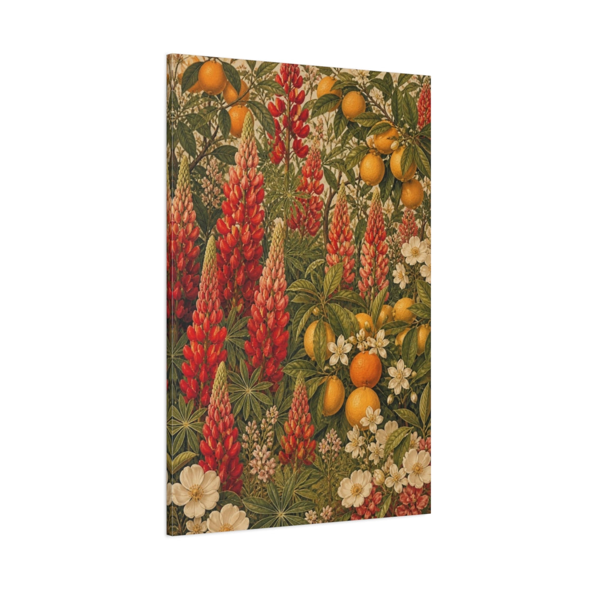 Side Mockup 1. Scarlet Lupines And Citrus shown as canvas print