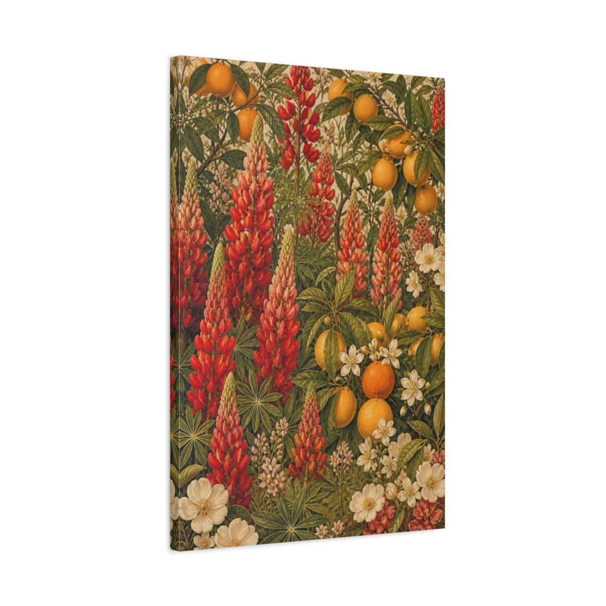 Side Mockup 2. Scarlet Lupines And Citrus shown as canvas print