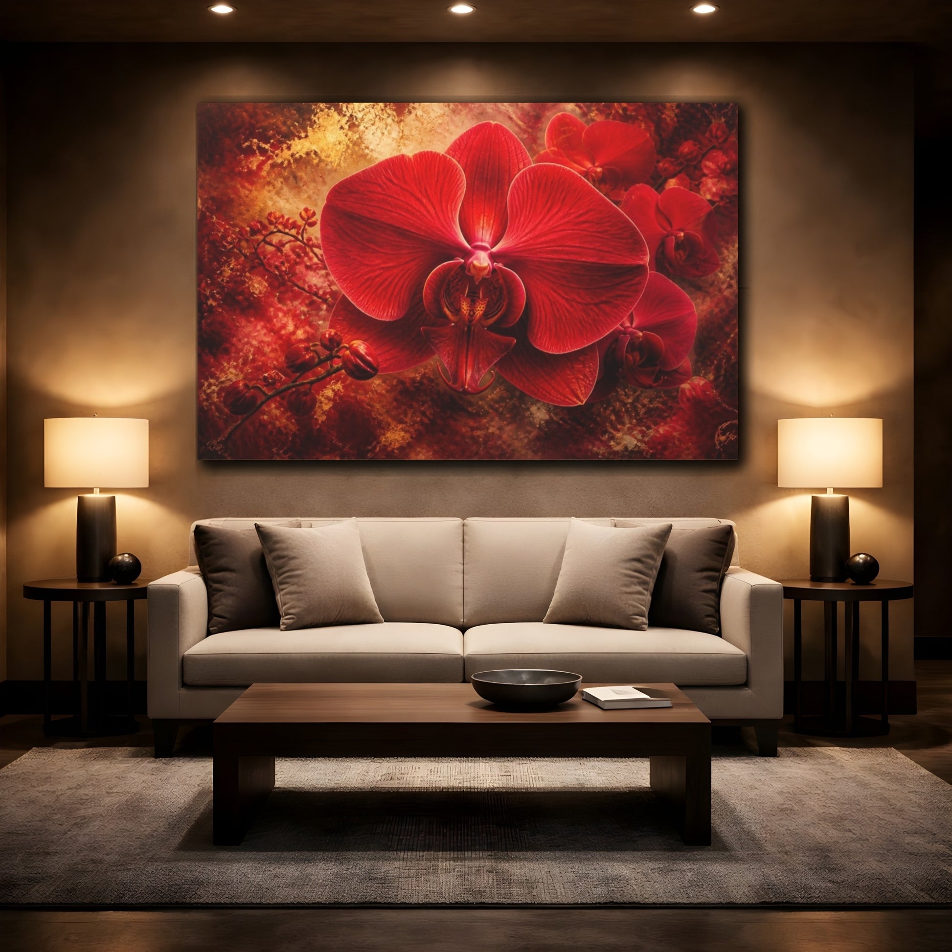 Mockup 2. Scarlet Orchid Floral Elegance shown as canvas print