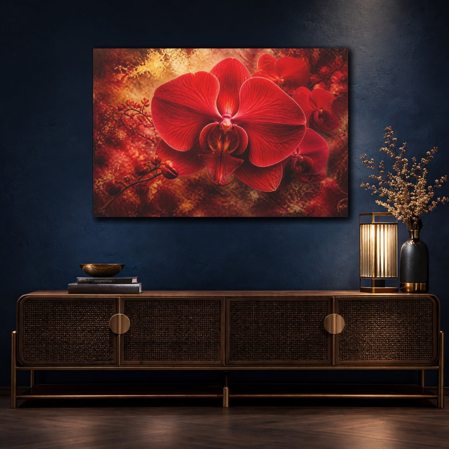 Mockup 4. Scarlet Orchid Floral Elegance shown as canvas print