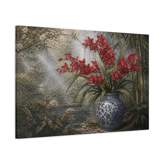Main Mockup. Scarlet Orchids In Blue Jar shown as canvas print
