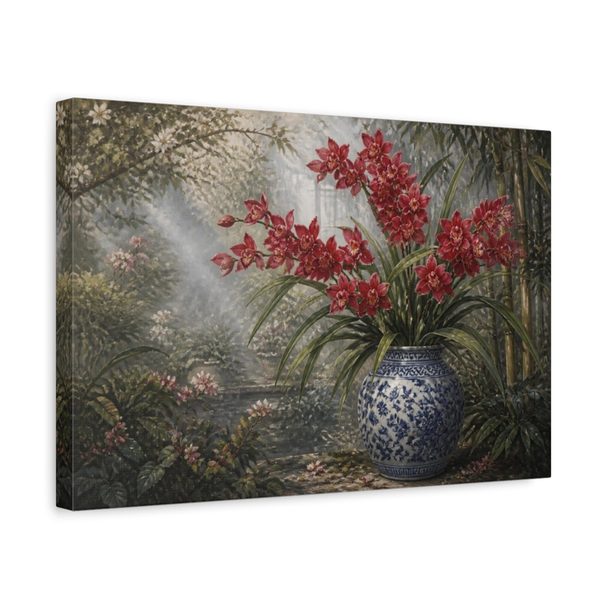 Side Mockup 4. Scarlet Orchids In Blue Jar shown as canvas print