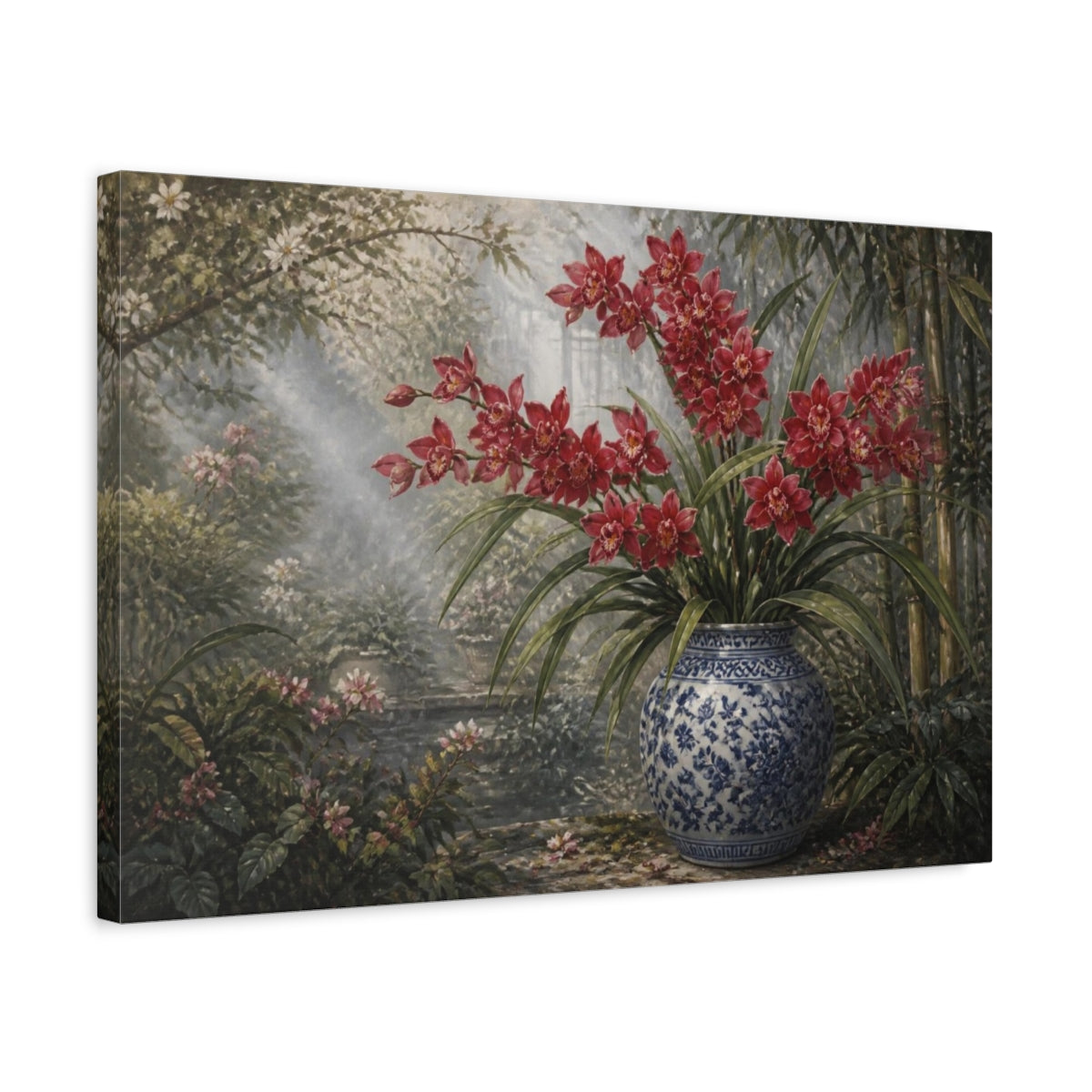 Side Mockup 3. Scarlet Orchids In Blue Jar shown as canvas print