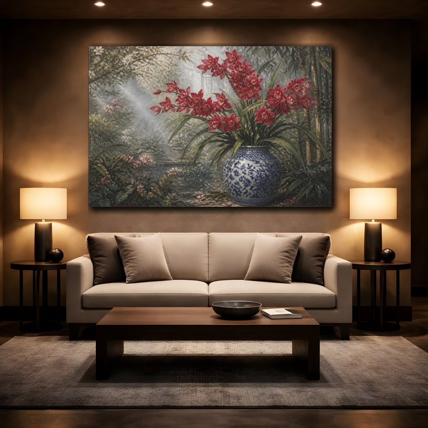 Mockup 2. Scarlet Orchids In Blue Jar shown as canvas print