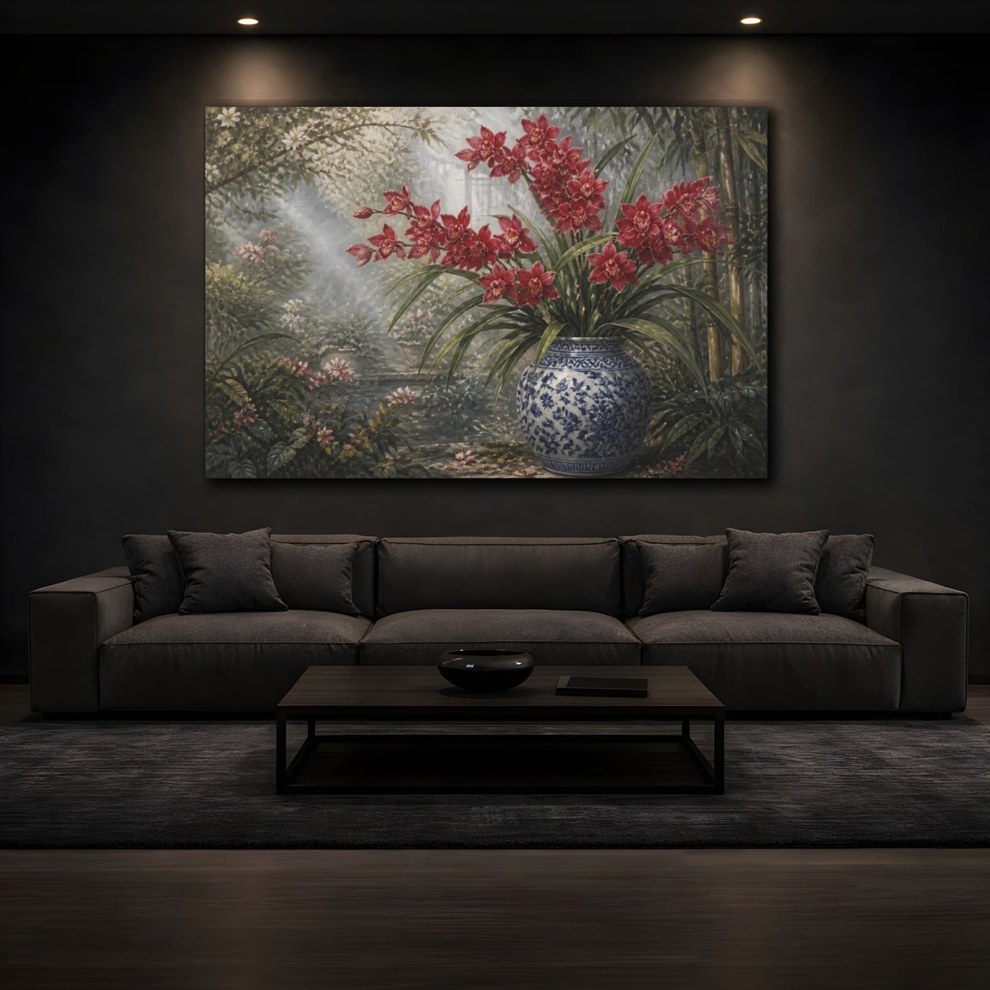 Mockup 3. Scarlet Orchids In Blue Jar shown as canvas print