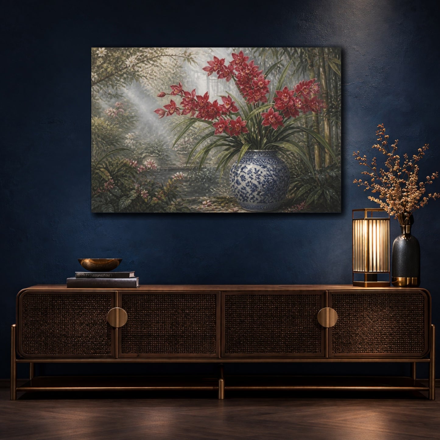 Mockup 4. Scarlet Orchids In Blue Jar shown as canvas print