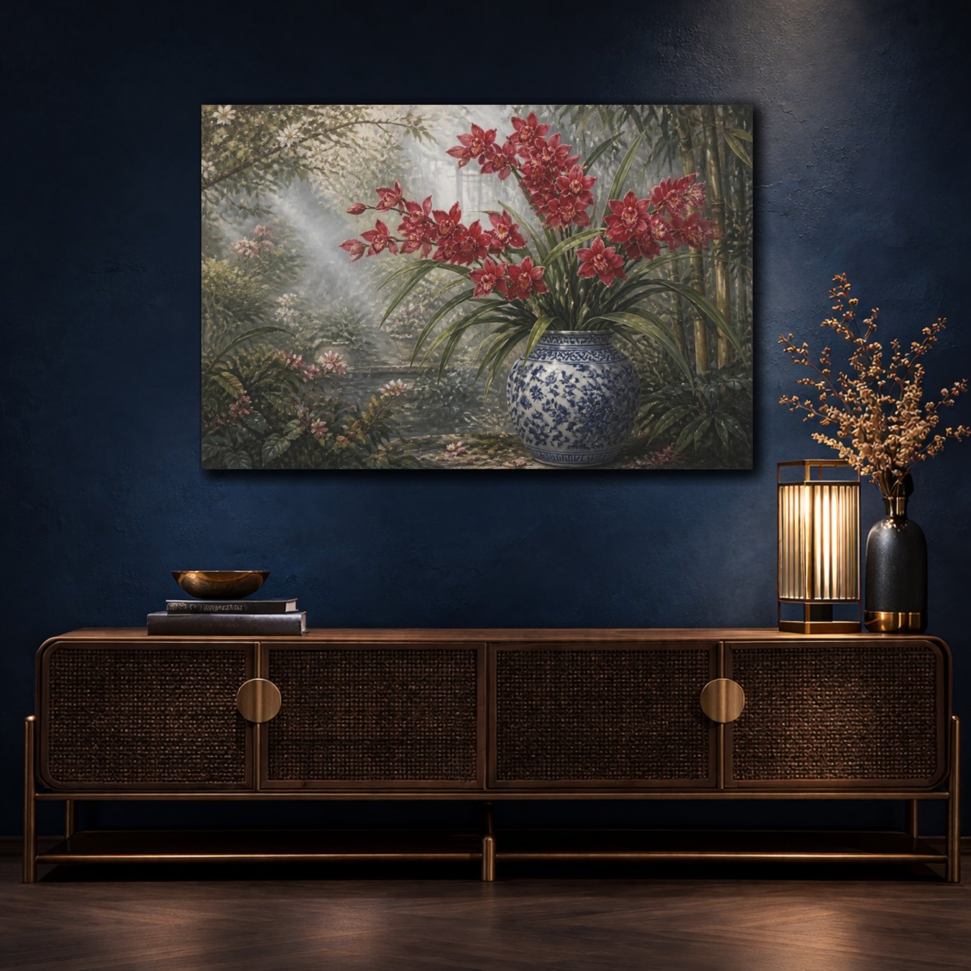 Mockup 4. Scarlet Orchids In Blue Jar shown as canvas print