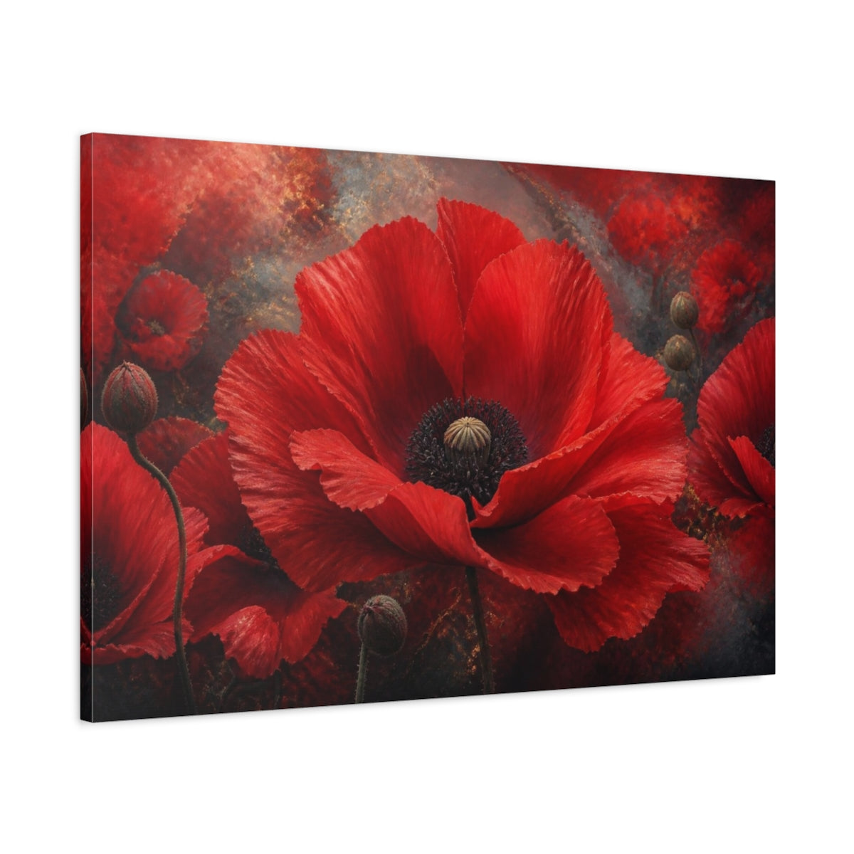 Main Mockup. Scarlet Poppy Flower Close-Up shown as canvas print