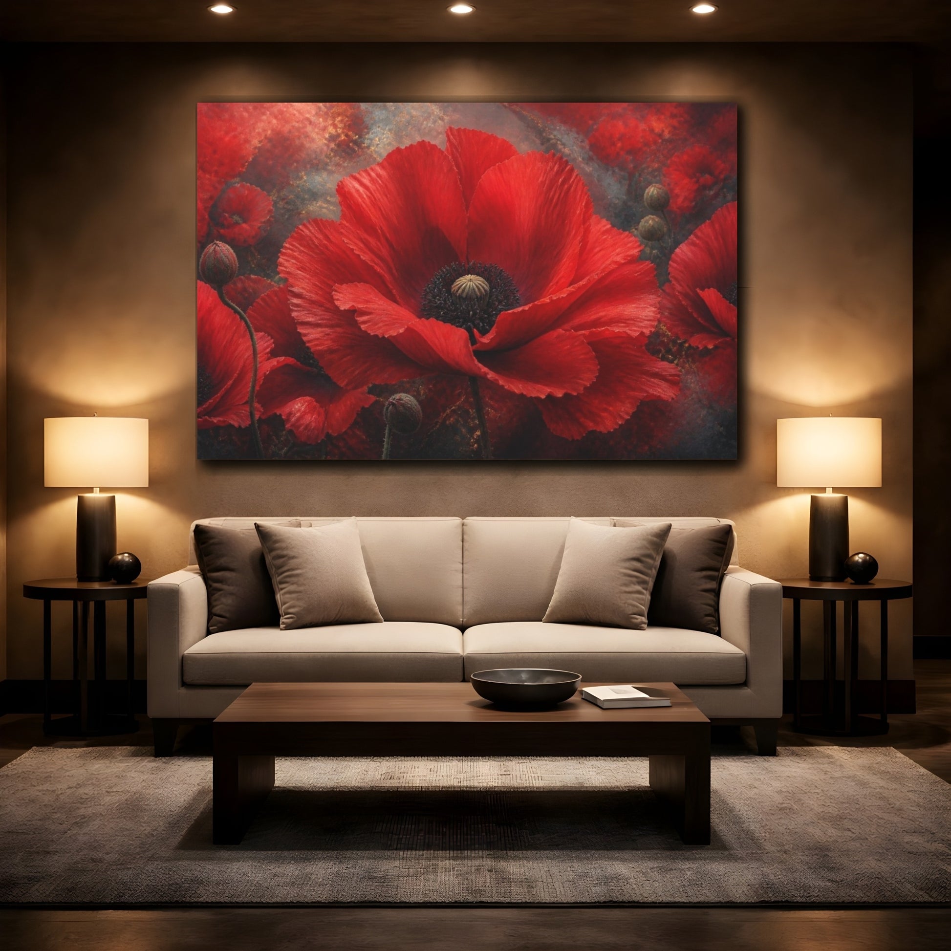 Mockup 2. Scarlet Poppy Flower Close-Up shown as canvas print