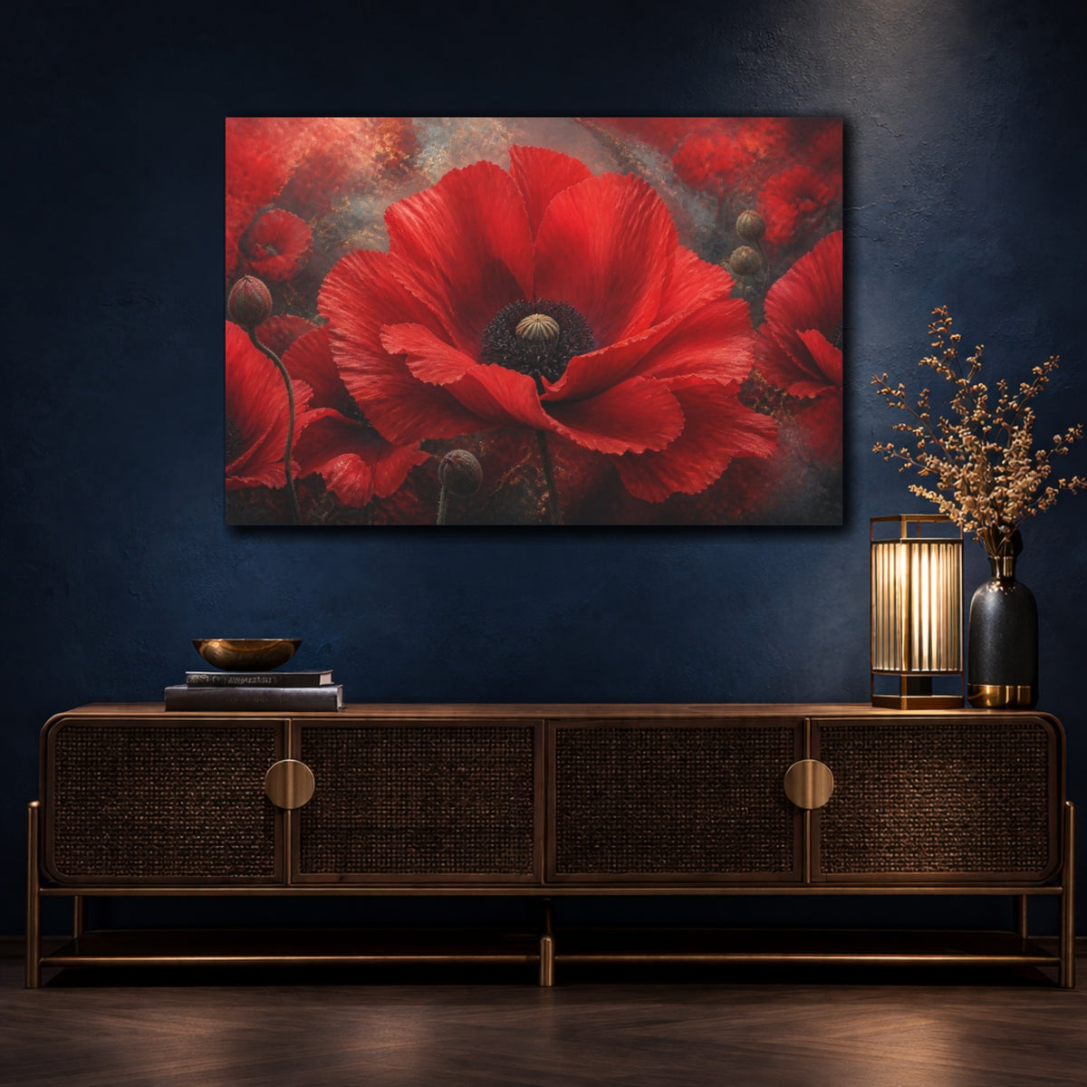 Mockup 4. Scarlet Poppy Flower Close-Up shown as canvas print