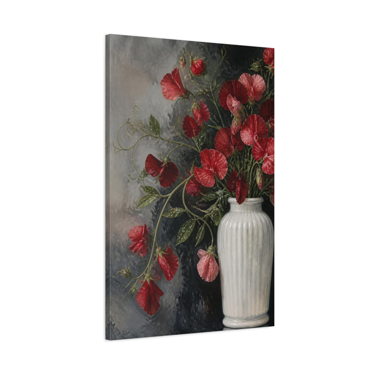 Main Mockup. Scarlet Sweet Pea Flowers shown as canvas print